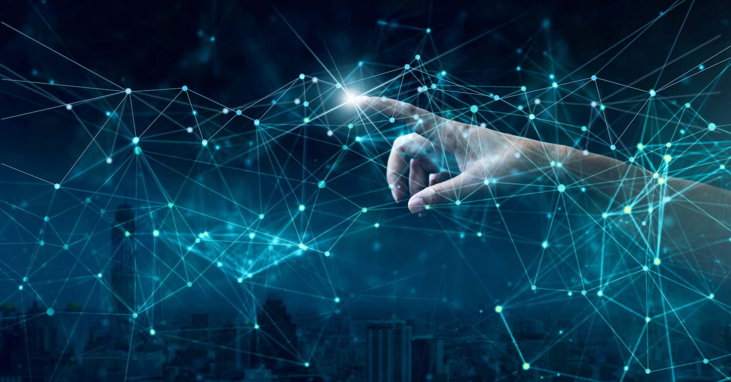 hand of pointing global network connection and data exchanges worldwide, wireless connection futuristic, business network community and technology concept